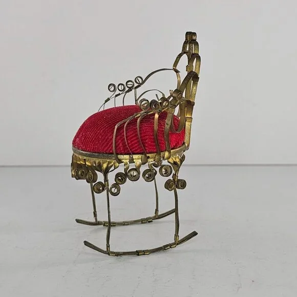 Vintage Pin Cushion Rocking Chair Red Tin Can Folk Tramp Art Dollhouse Kitsch - Picture 6 of 8